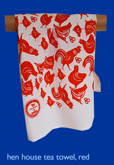 chook tea towel, red