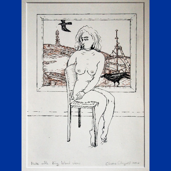 Nude with King Island View, ink drawing
